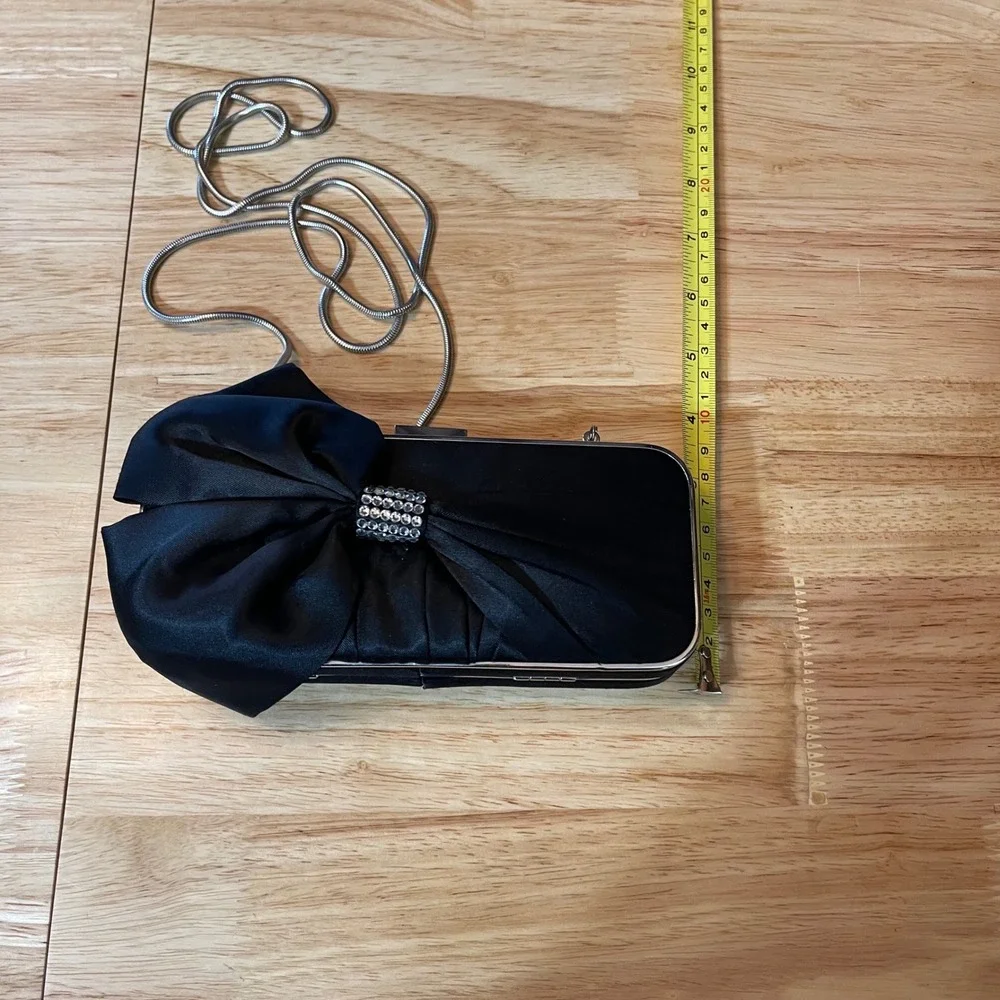 Glint Black‎ Satin Bow Evening Clutch Rhinestone Silver Chain Strap Formal Bag